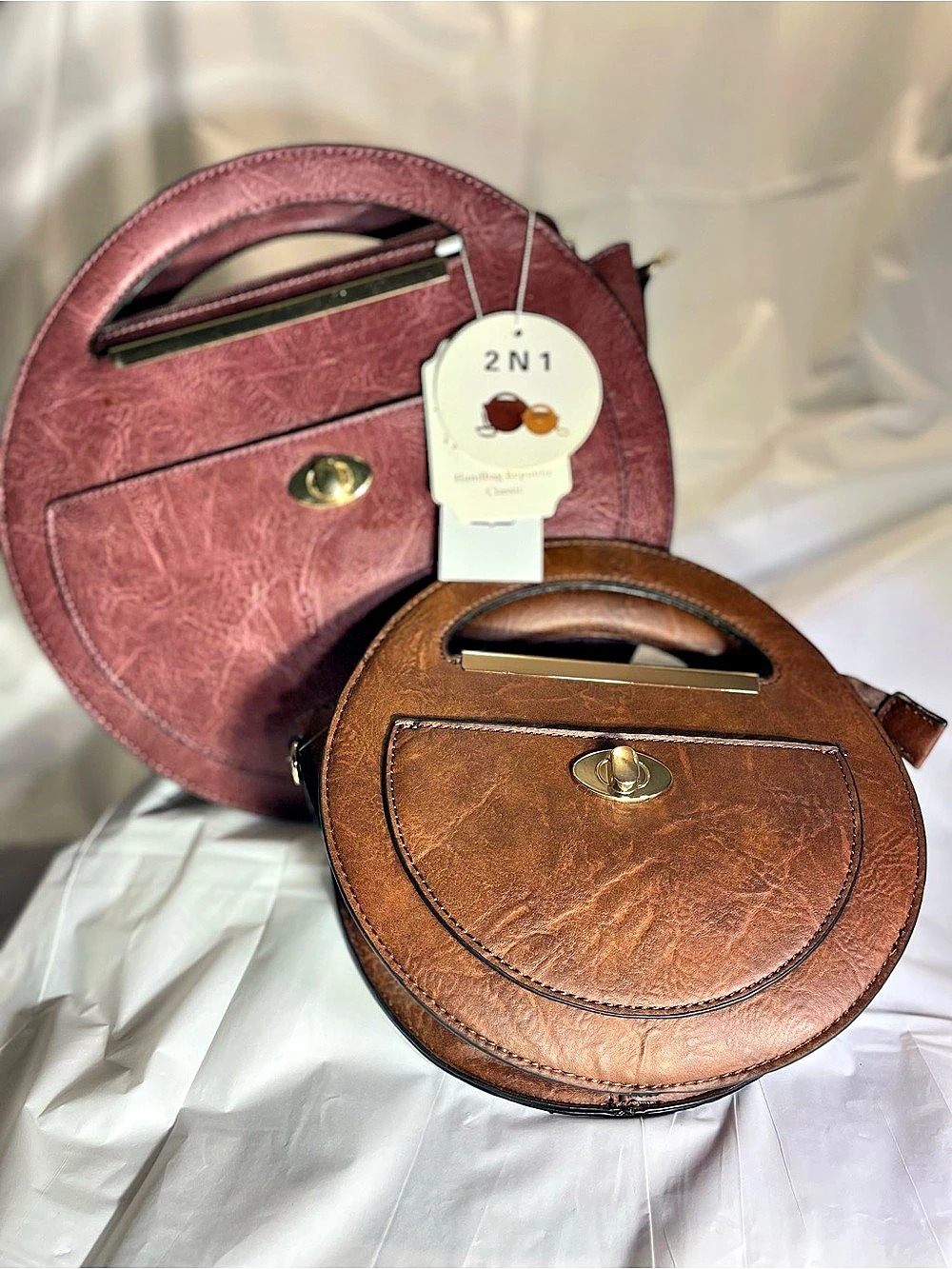 2-Piece Round Shoulder Bags in Brown & Tan NWT